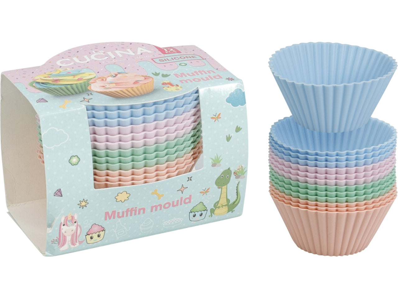 Set di 12 stampi per cupcake in silicone, dimensioni 7x3,5cm ciascuno. Peso 9,4gr per stampo, 113gr per set. Include 4 colori assortiti (lilla, verde, rosa e blu)