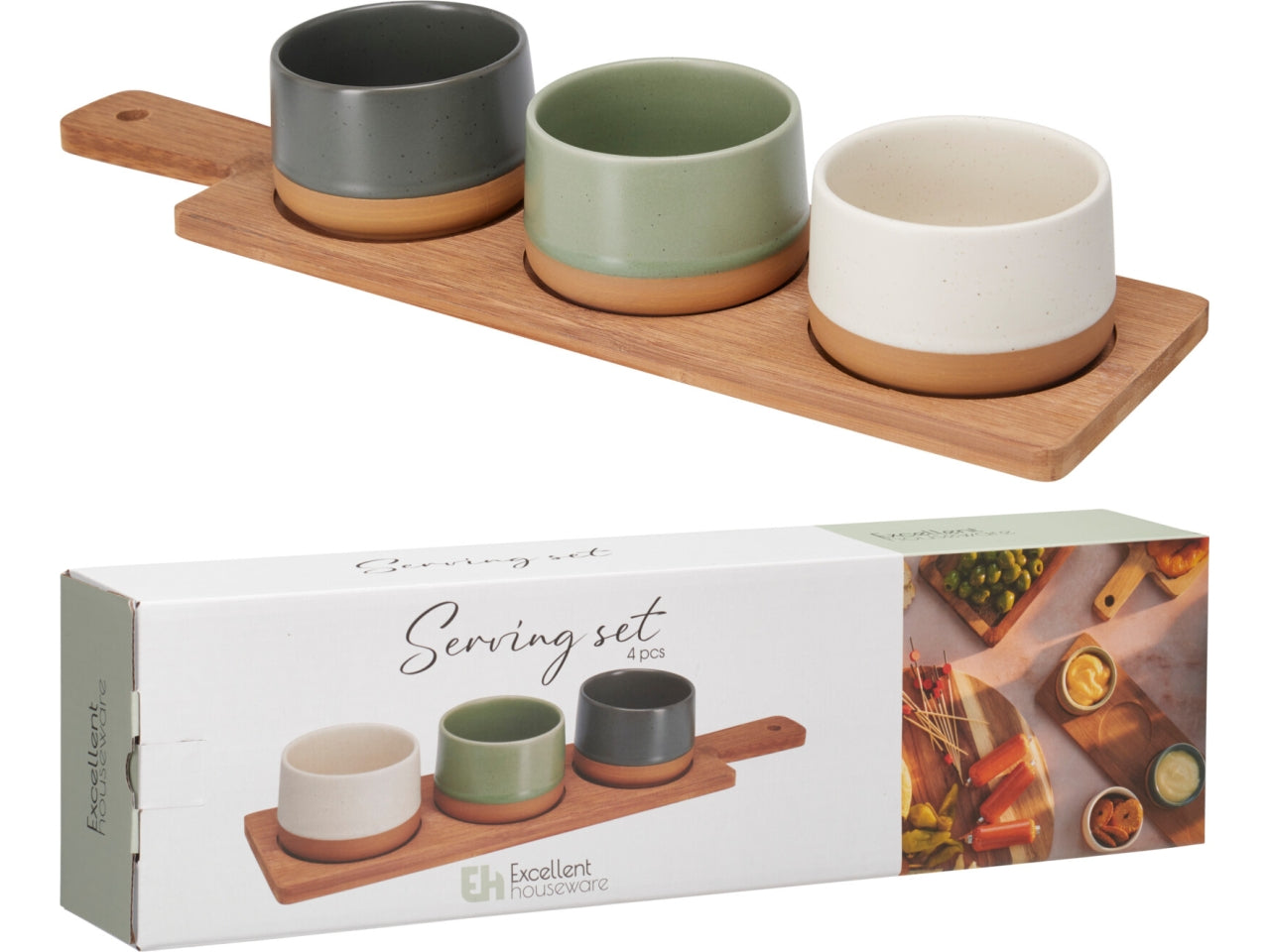 Set da servizio da 4 pezzi con 3 ciotole in gres su un vassoio in bambÃ¹ scuro. Vassoio 38x10x1,5cm, ciotole d.7,5xh.5cm. Il set comprende ciotole antracite, crema e verde scuro