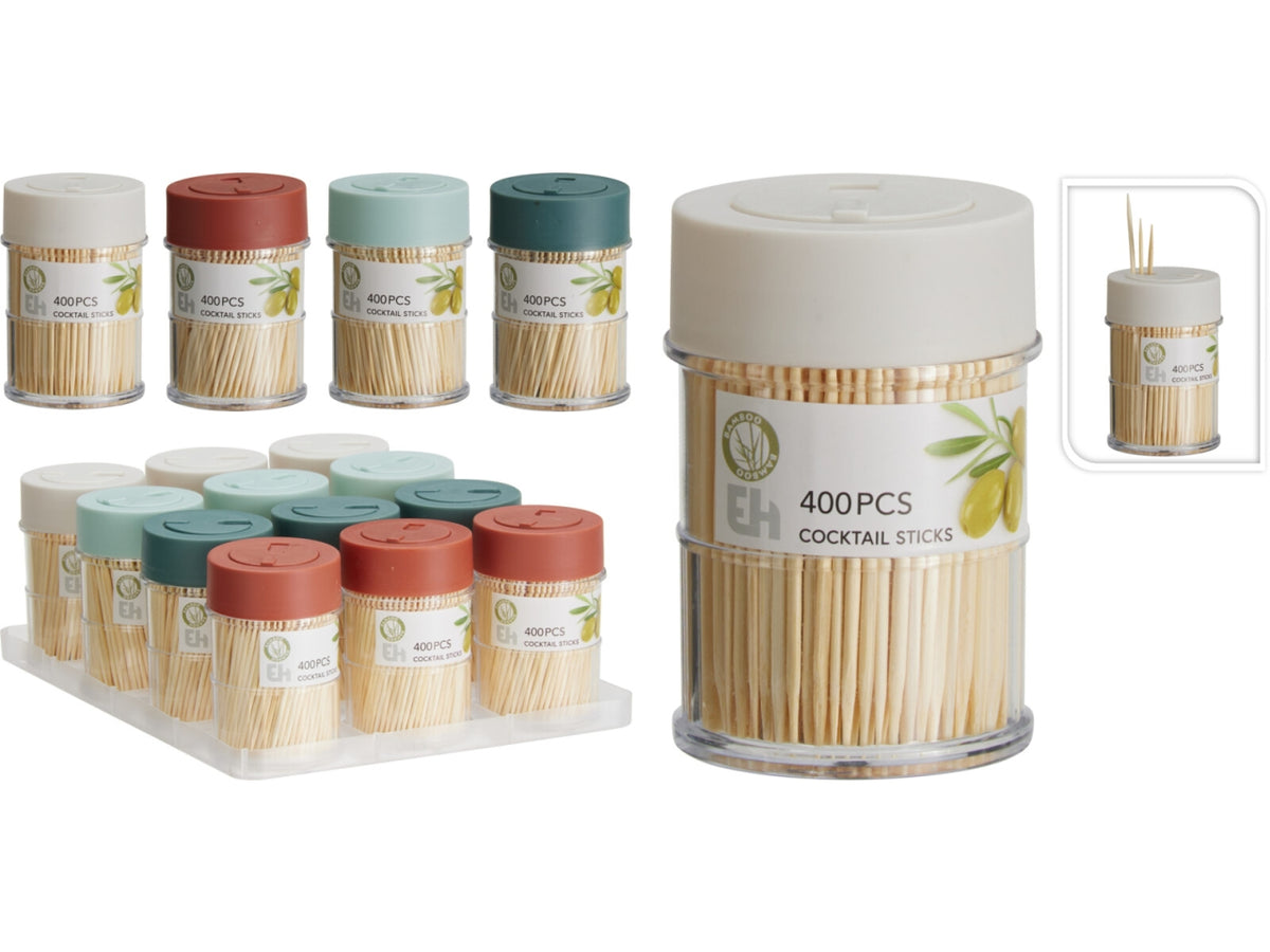 Stecchini da cocktail in bambÃ¹, 400 pezzi in tubo PS con coperchio PP in 4 colori assortiti.