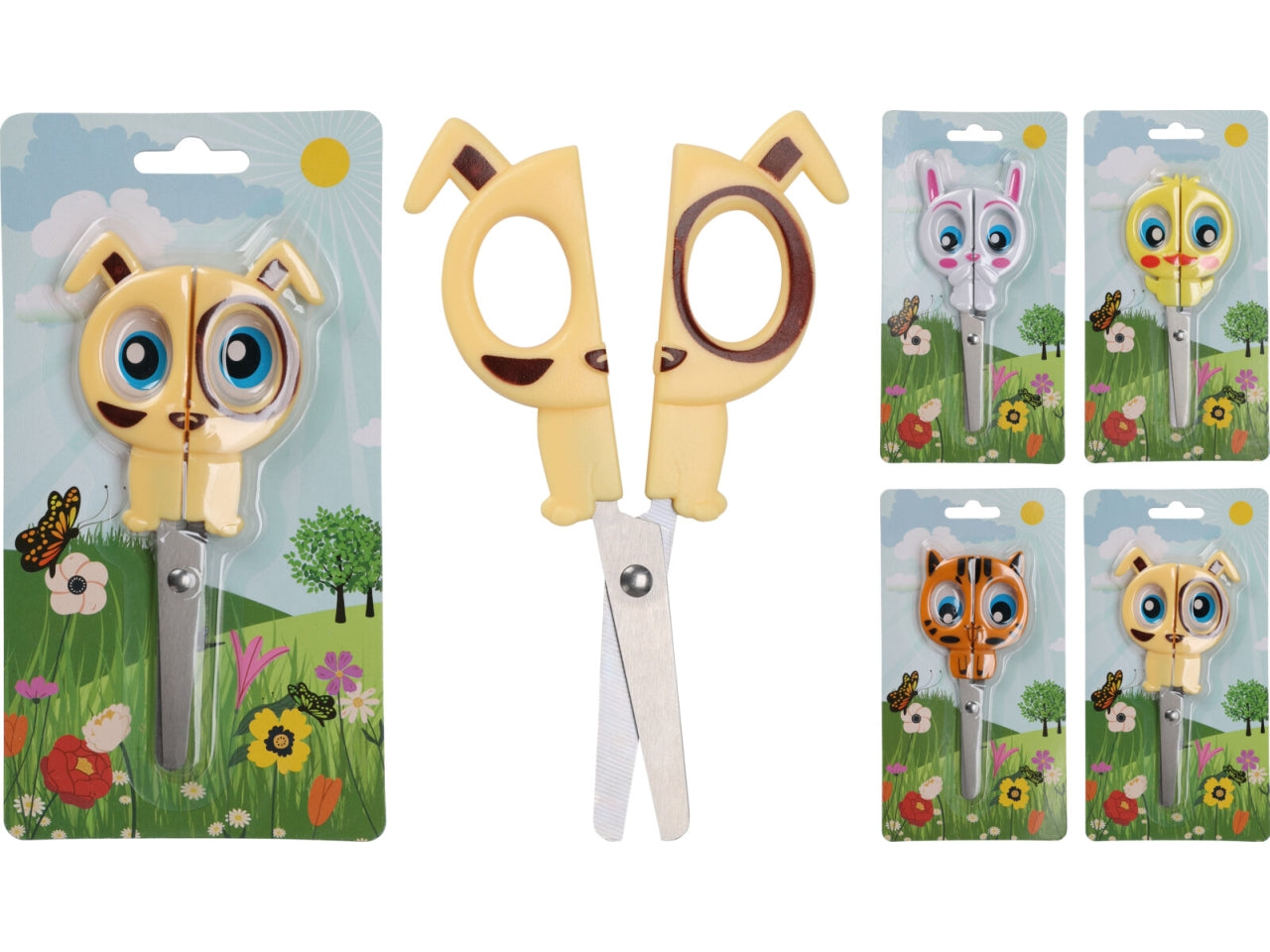 Forbici per bambini in ABS e acciaio inox, dimensioni medie 14x6x0,8cm. Quattro assortimenti con animali: cane, pulcino, tigre e coniglio. Peso medio 40gr