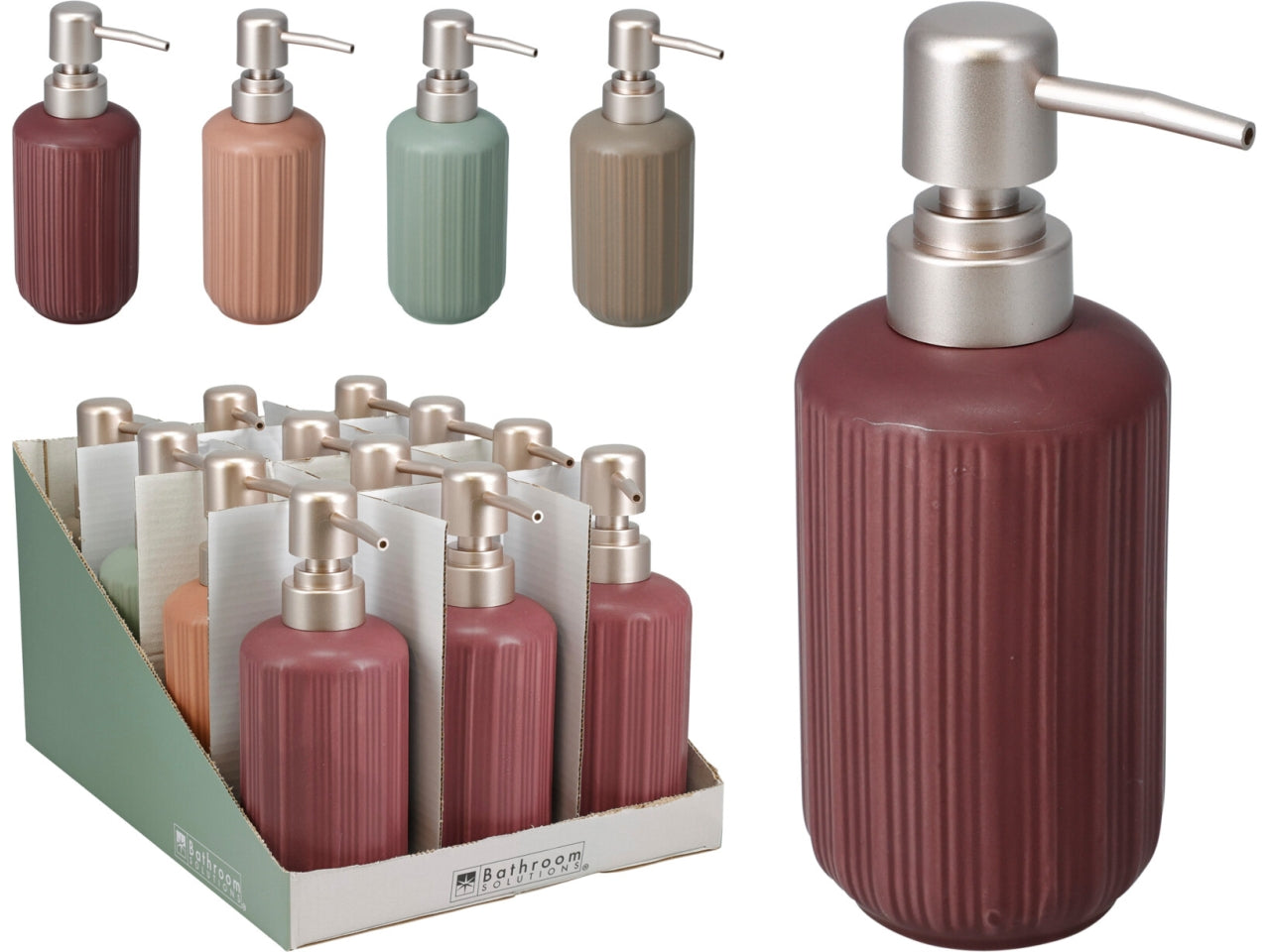 Dispenser sapone in gres con capacitÃ  di 300ml. Quattro design a righe con smalto reattivo in quattro colori e pompa in PP placcata oro rosa