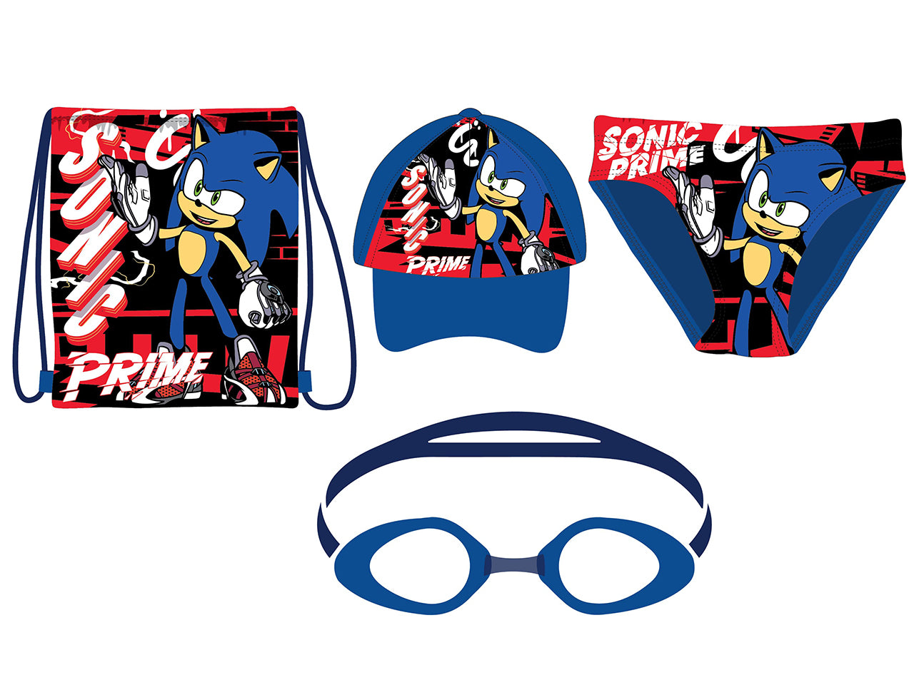 Sacca Sonic con costume da bagno, occhiali e cappellino, taglie dalla 3alla 8 anni assortite