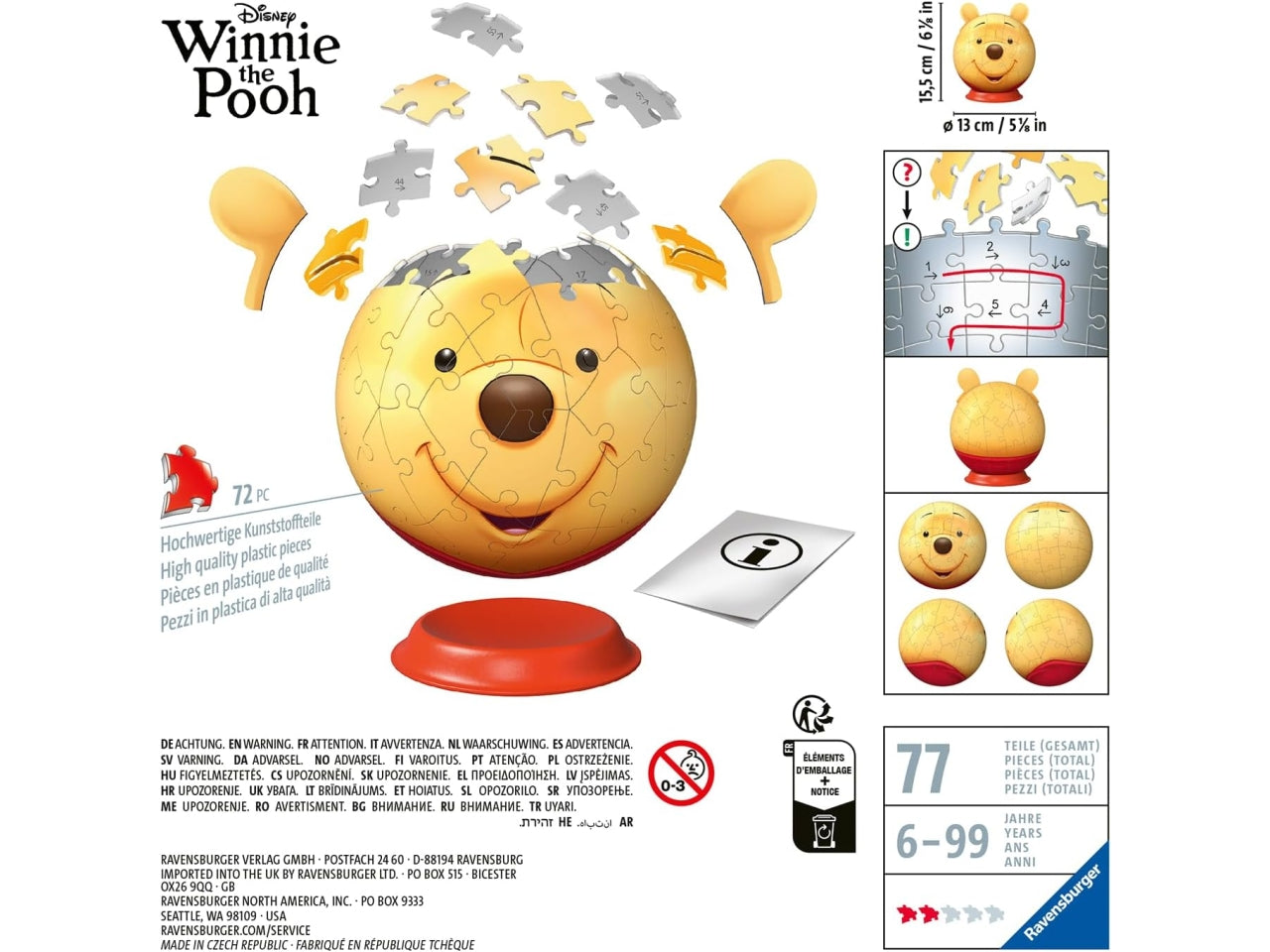 Puzzle 3d puzzleball 72pz winnie pooh con orecchie