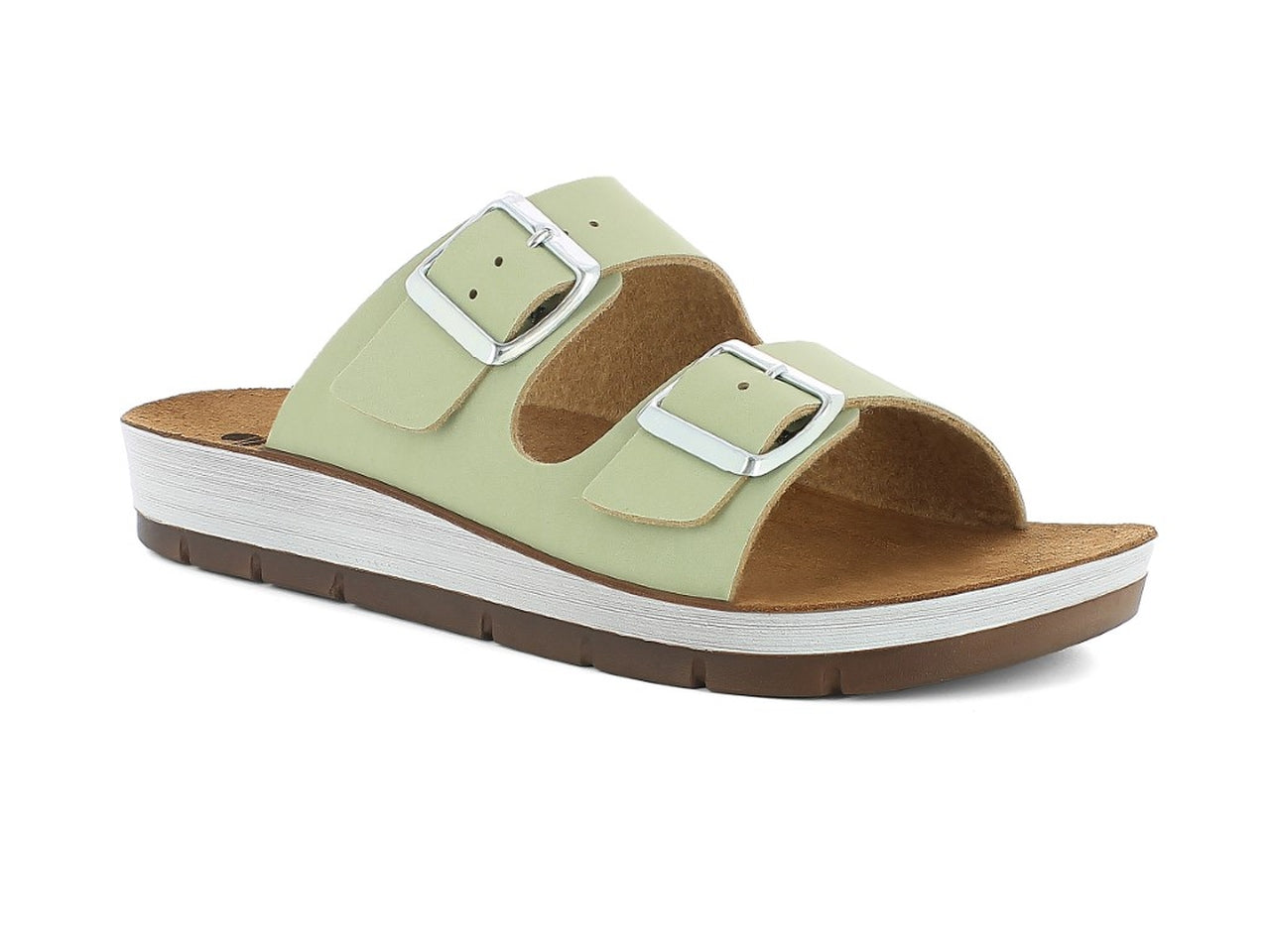 Inblu ciabatta donna doppia fascia con fibbie e plantare in vera pelle, verdino taglia 37