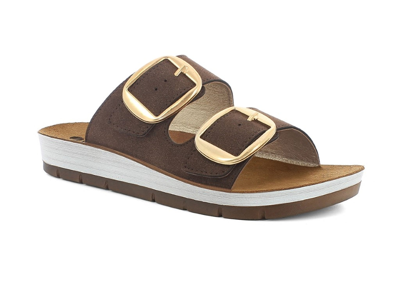 Inblu ciabatta donna doppia fascia con maxi fibbie e plantare in vera pelle, testa di moro taglia 37