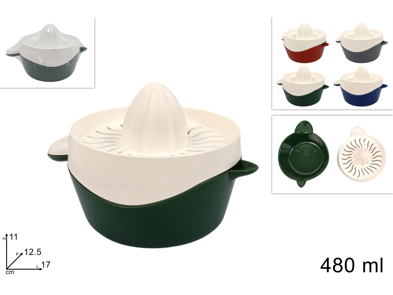 Spremiagrumi in plastica con contenitore da 480ml in 4 colori assortiti