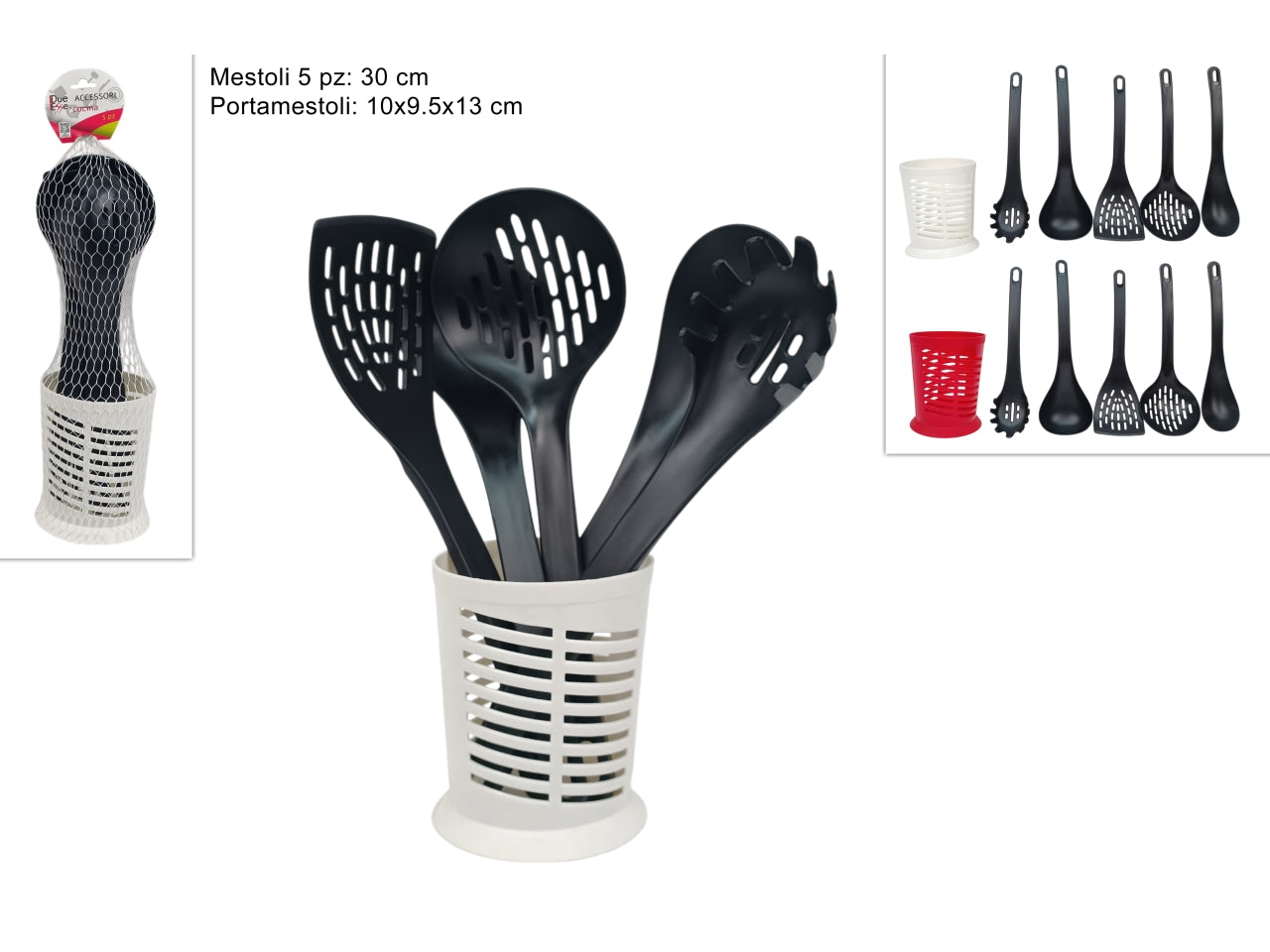 Mestoli plastica set 5 pezzi con portamestoli in 2 colori assortiti