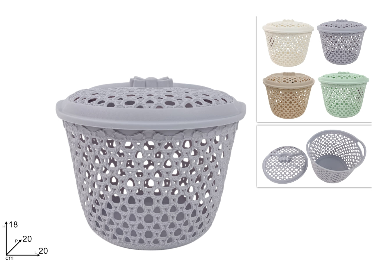 Cestino tondo traforato in plastica 20cm con coperchio, 4 colori assortiti