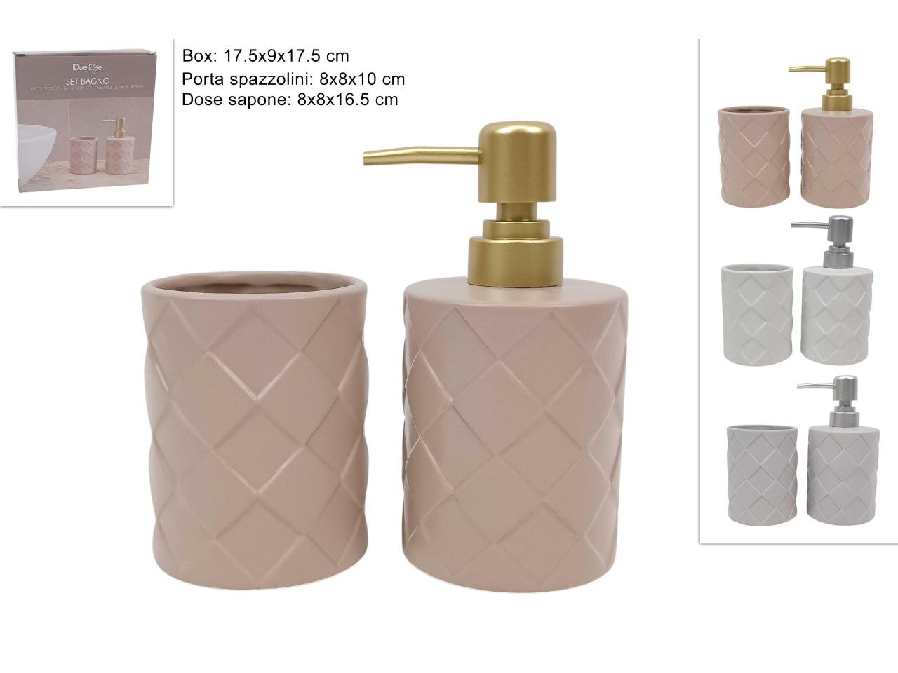 Set bagno bicchiere e portasapone in ceramica a rombi in 3 colori assortiti