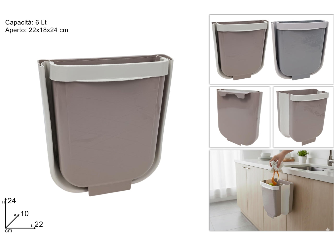 Cestino pattumiera 6lt salvaspazio per pensile in 2 colori assortiti