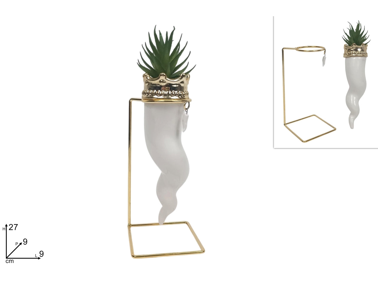 Corno bianco in ceramica con piantina grassa e base in metallo