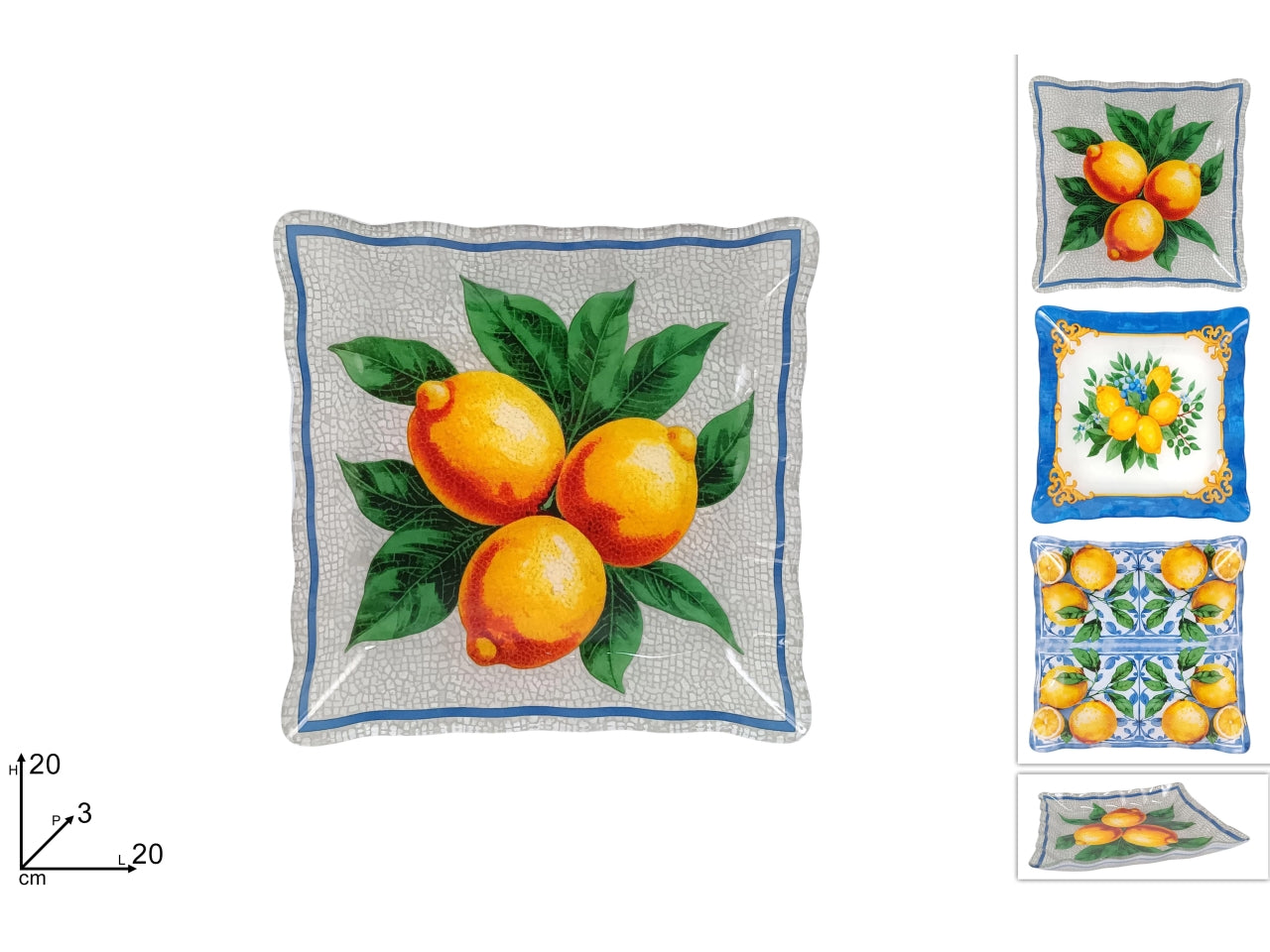 Piatto in vetro con decoro limoni 20x20cm, 3 assortimenti