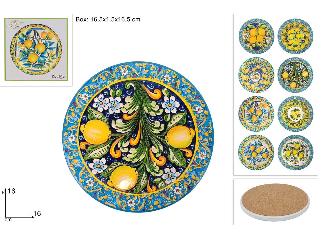 Sottopentola tondo 16cm base sughero con decoro limoni a rilievo in 8 assortimenti