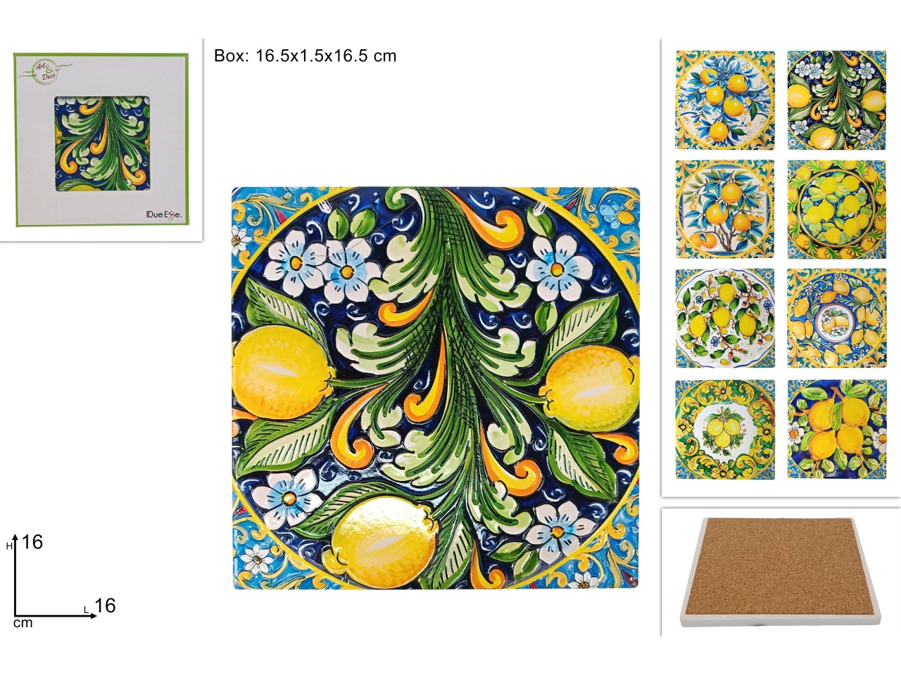 Sottopentola quadrato 16x16cm base sughero con decoro limoni a rilievo in 8 assortimenti
