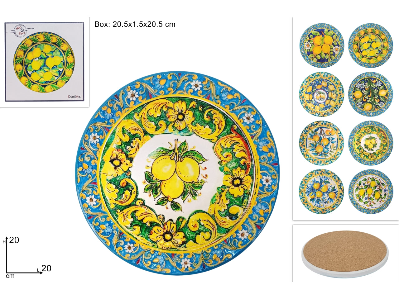 Sottopentola tondo 20cm base sughero con decoro limoni a rilievo in 8 assortimenti