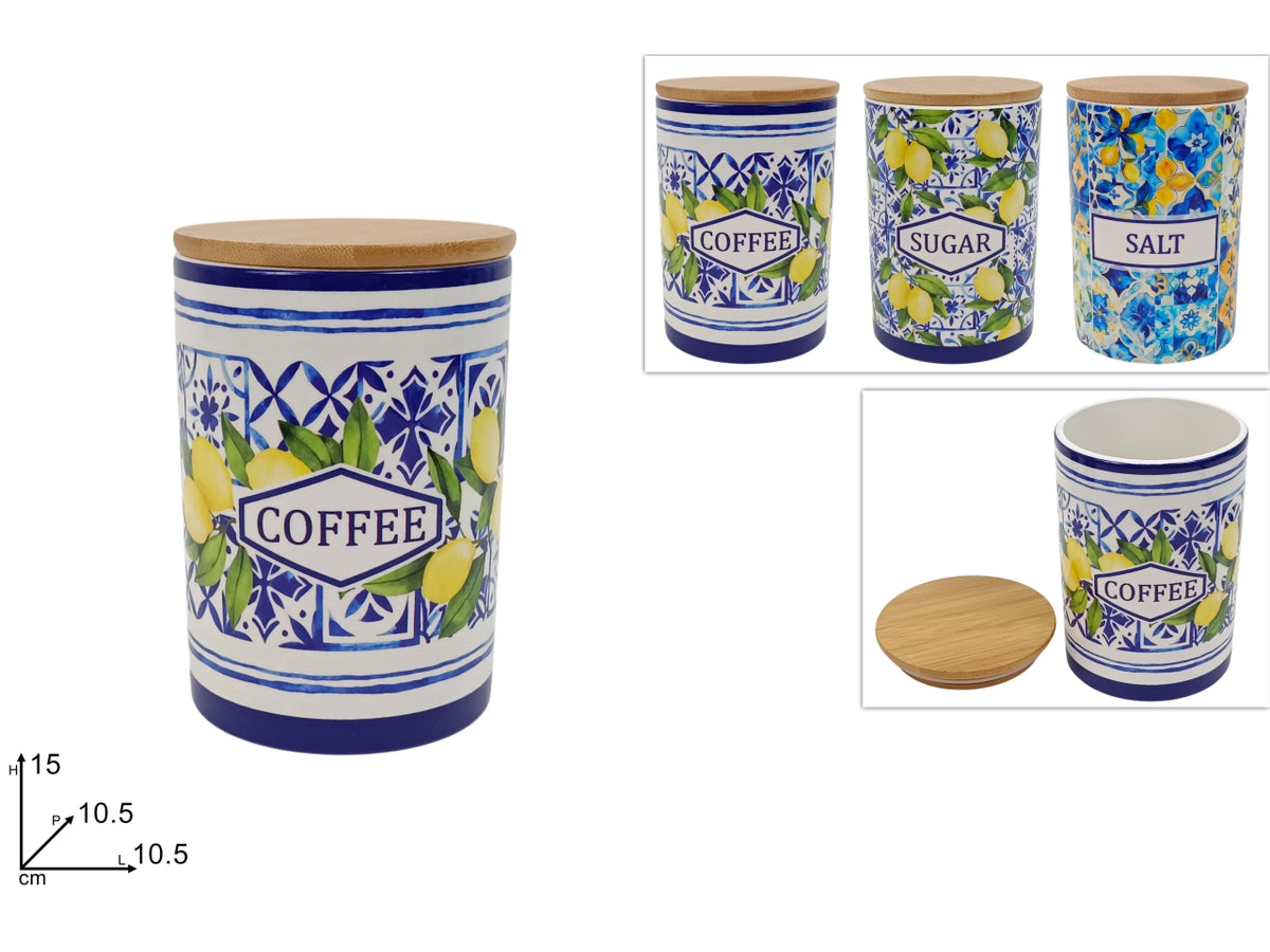 Barattolo ceramica 10,5xh.15cm decorazione limoni con tappo in sughero in 3 assortimenti
