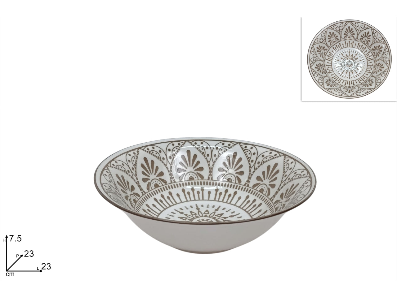Coppa insalatiera 23cm, decoro fiore stilizzato tortora