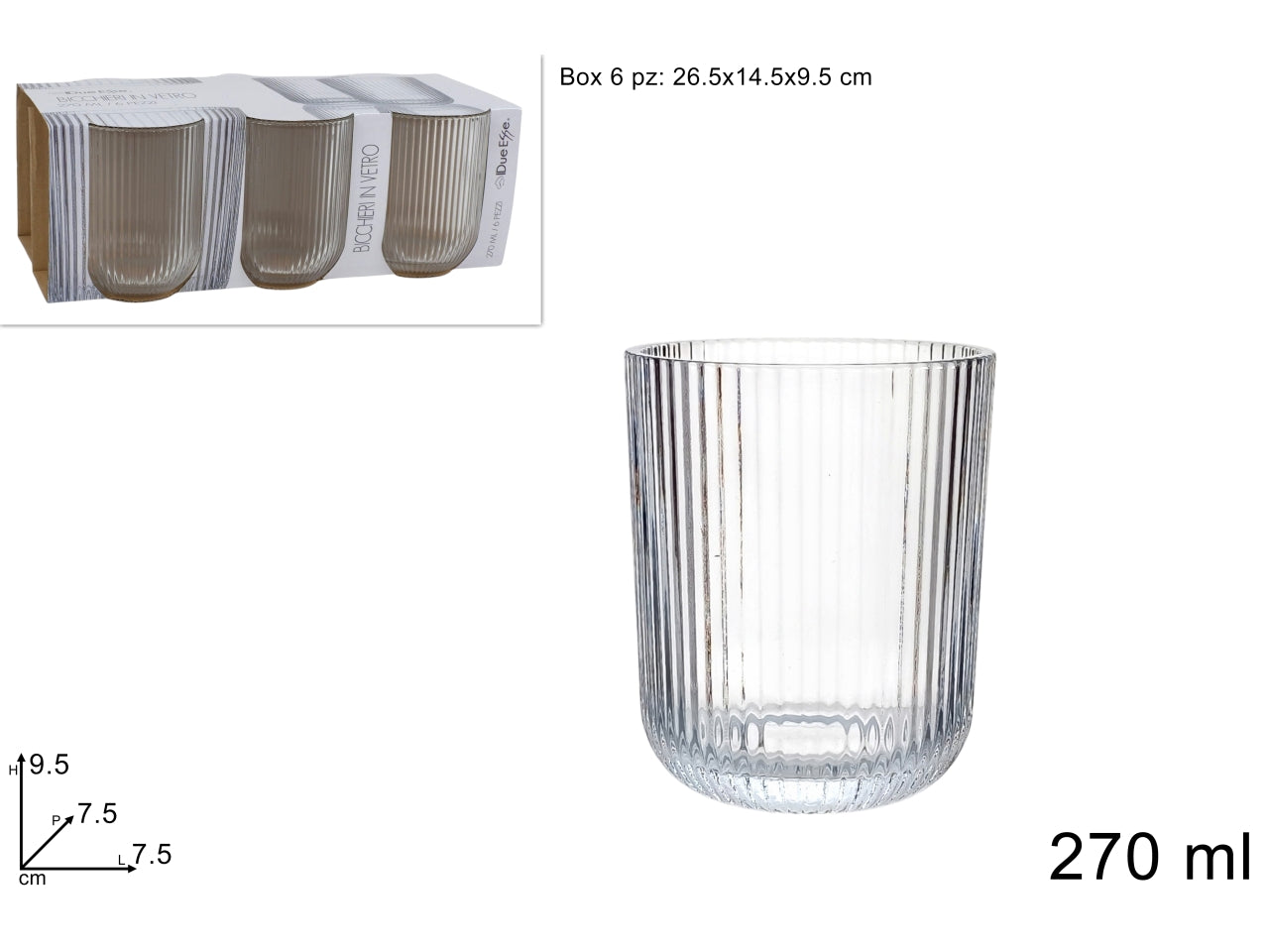 Bicchieri in vetro rigato trasparente da 270ml in confezione da 6 bicchieri