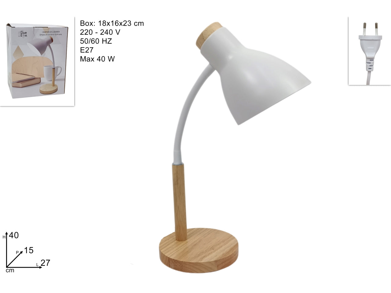 Lampada da tavolo 40cm regolabile in metallo bianco con base legno