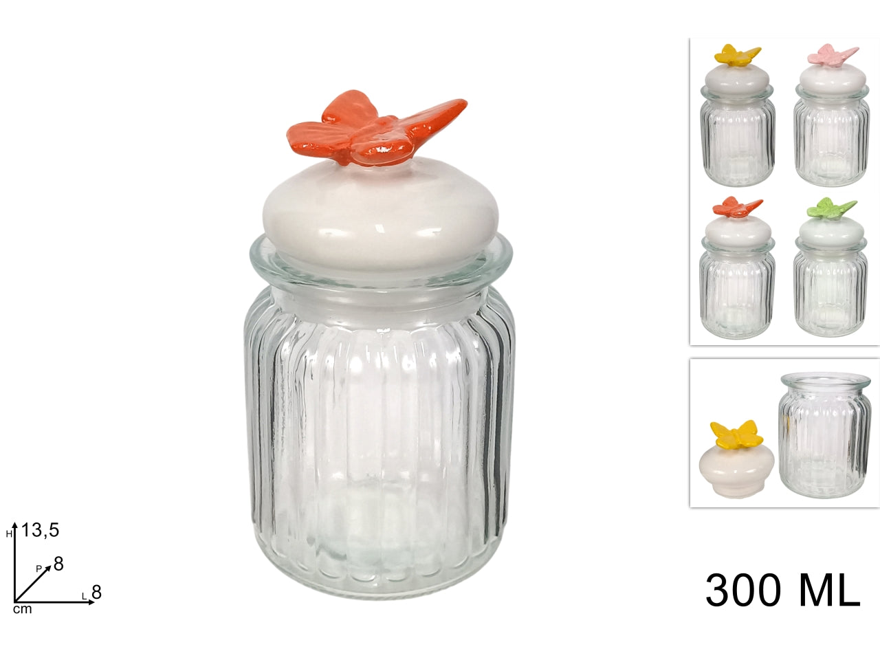 Barattolo in vetro trasparente da 300ml e coperchio in ceramica con farfalla in 4 colori assortiti