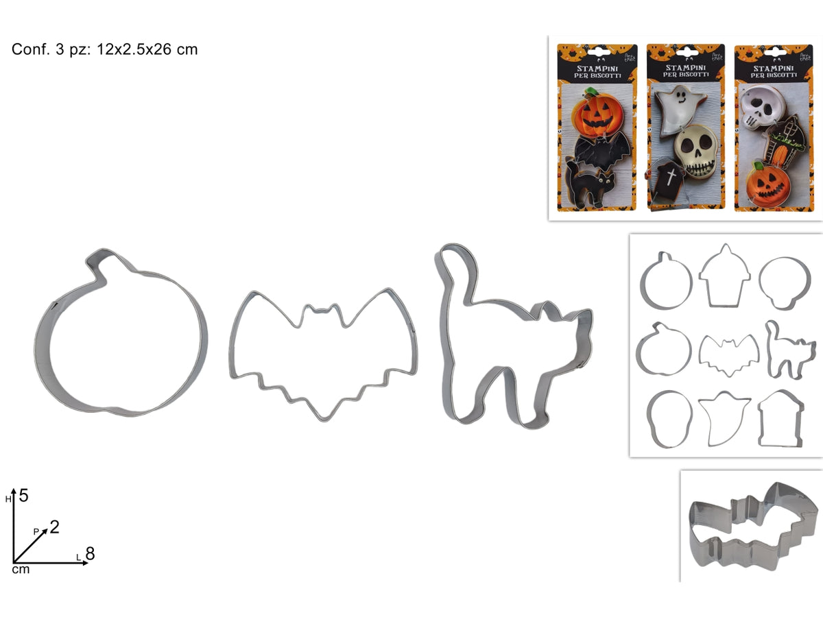 Formine biscotti Halloween in metallo set da 3tagliabiscotti, 3 varianti assortiti
