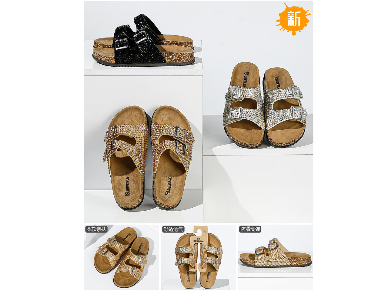 Ciabatta da donna doppia fascia con fibbie e brillantini, taglie dalla 36 alla 41 in colori assortiti
