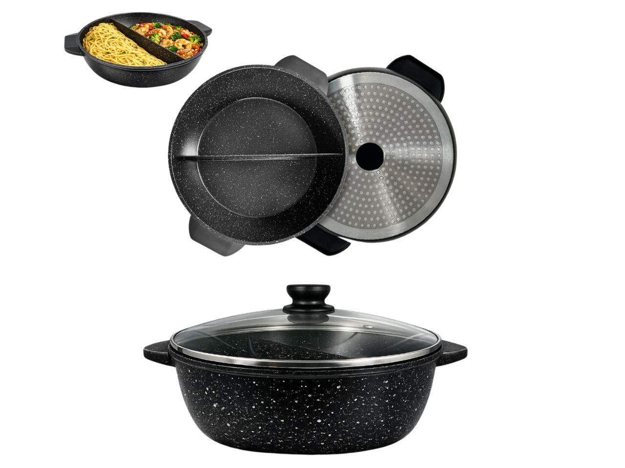 Tegame Vulcania 32xh.9cm in alluminio con 2 scomparti e coperchio in vetro