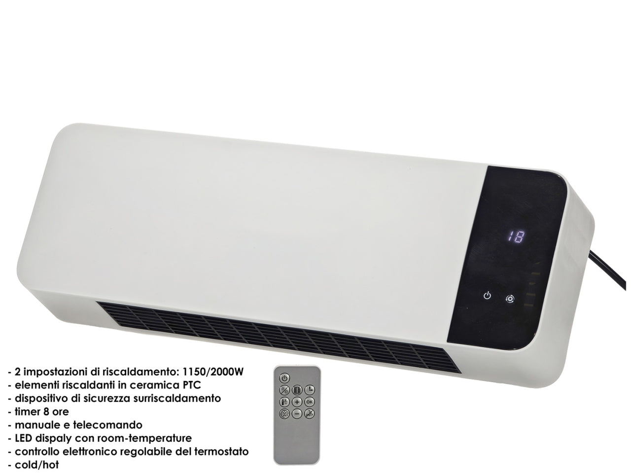 Termoventilatore con 2 livelli di riscaldamento 1150-2000W ad elementi in ceramica e telecomando