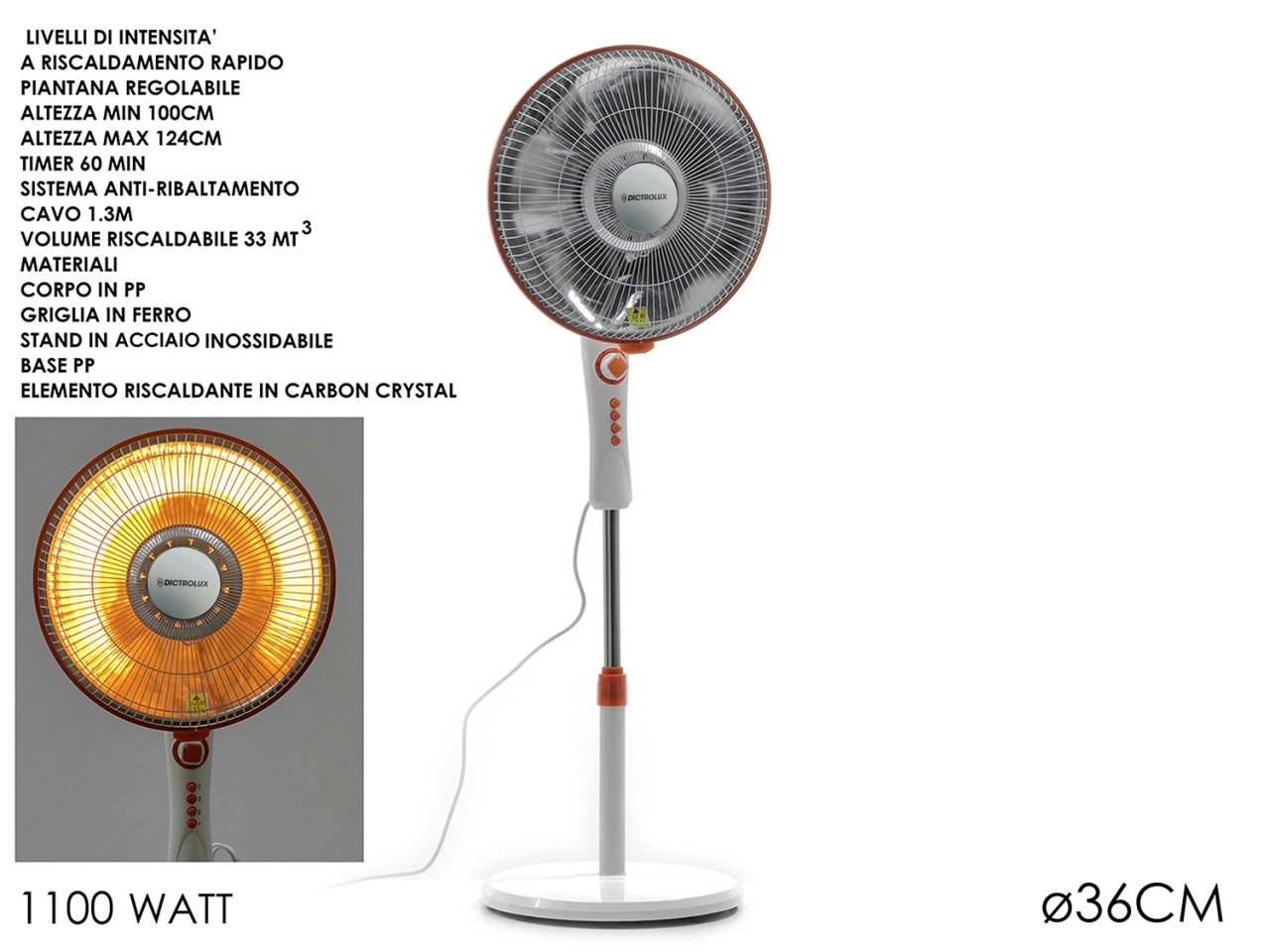 Stufa in carbonio con piantana ElÃ¬de d.36xh.124cm oscillante 1100W
