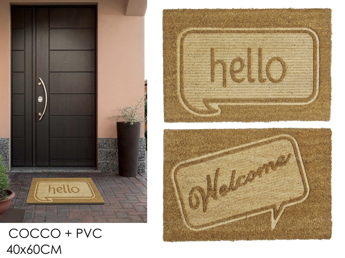 Tappeto in cocco e pvc con scritta 40x60cm, 2 modelli assortiti