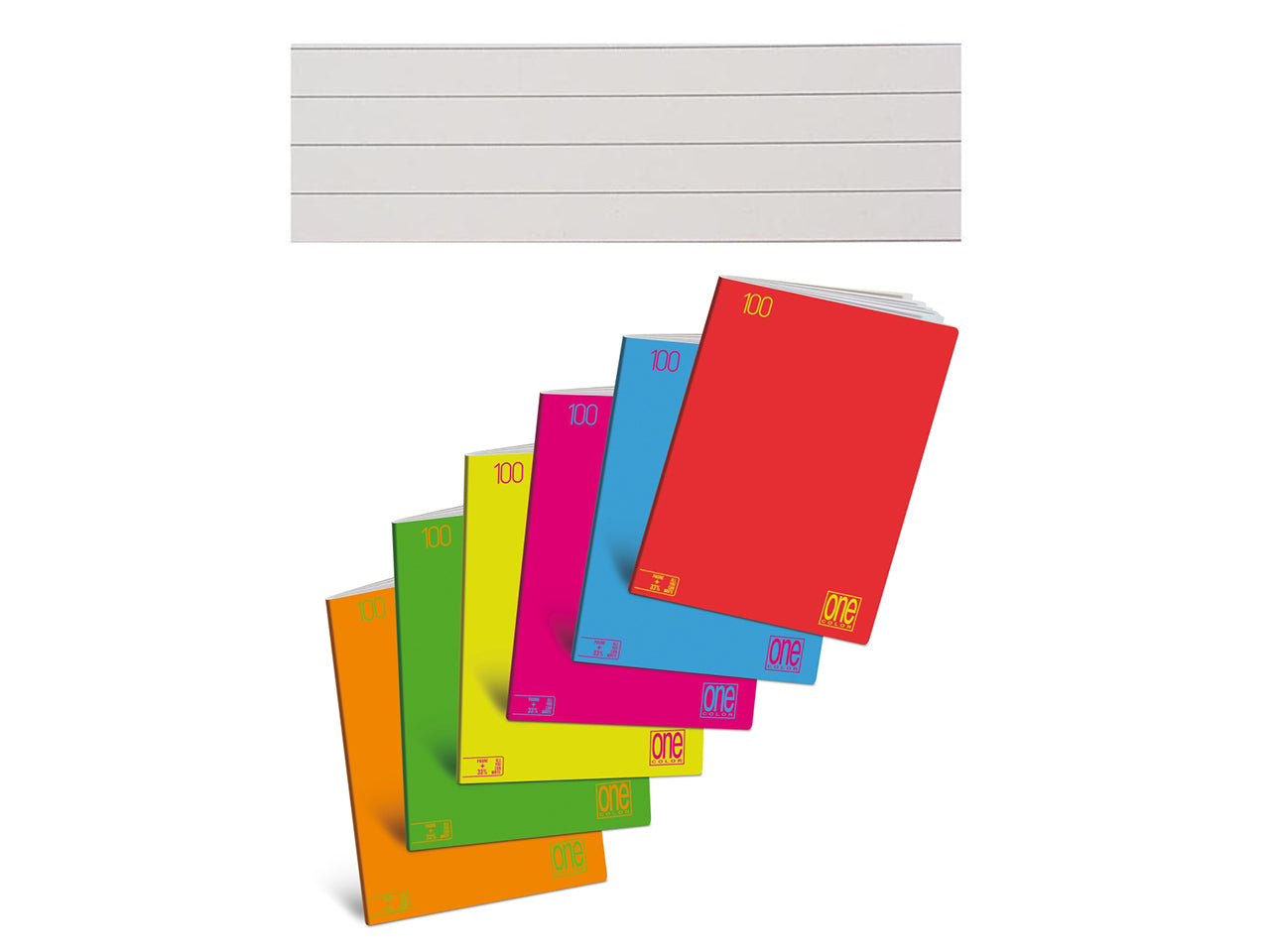 Maxi quaderni One Color Fluo rigatura 1R ad alta fogliazione 24+1, 96 facciate da 100gr e copertina 240gr in confezione da 10 maxi di colori assortiti