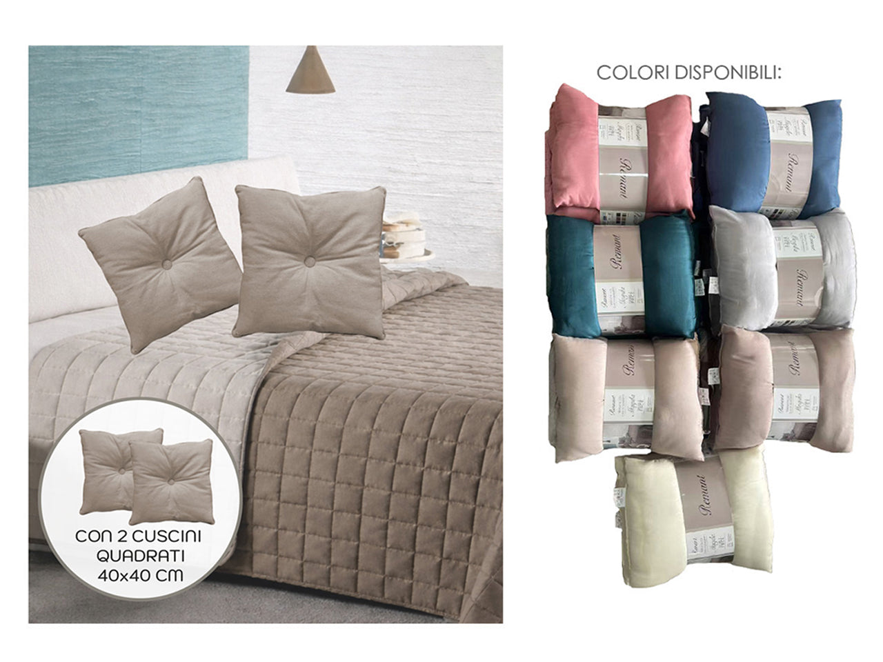 Trapunta matrimoniale 240x240cmdoppia faccia con cuscino quadrato in 14 colori assortiti