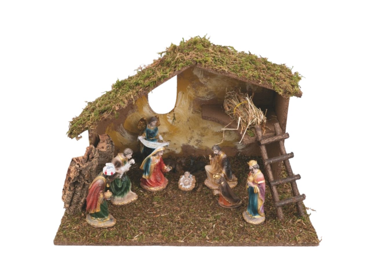 Capanna per presepe in legno con nativitÃ  in resina 55x35x36cm 10 figure