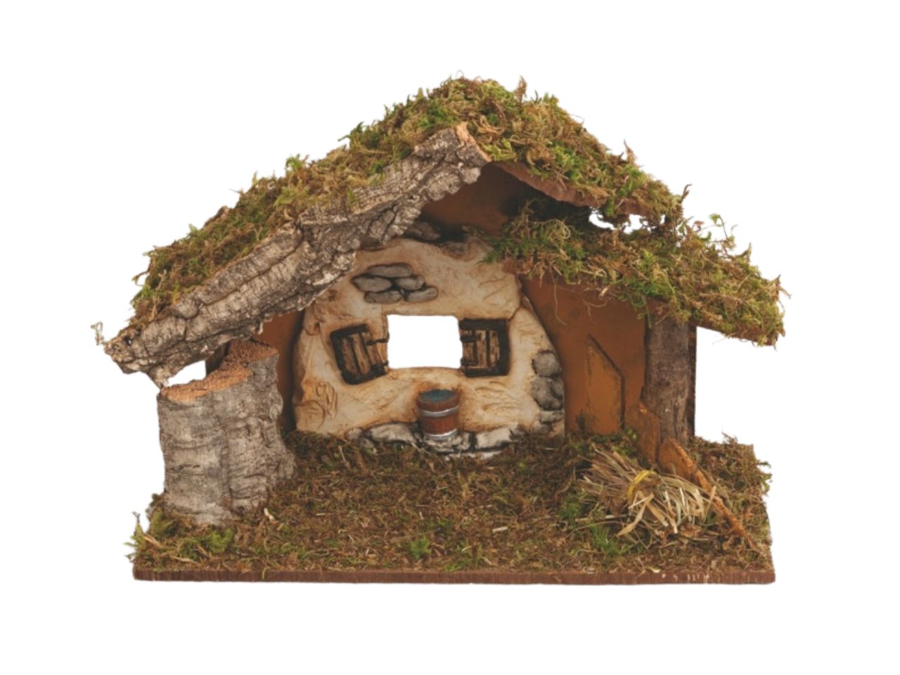 Capanna per presepe nuda in legno con tetto in muschio, finestra e fascina di paglia 35x16x24cm