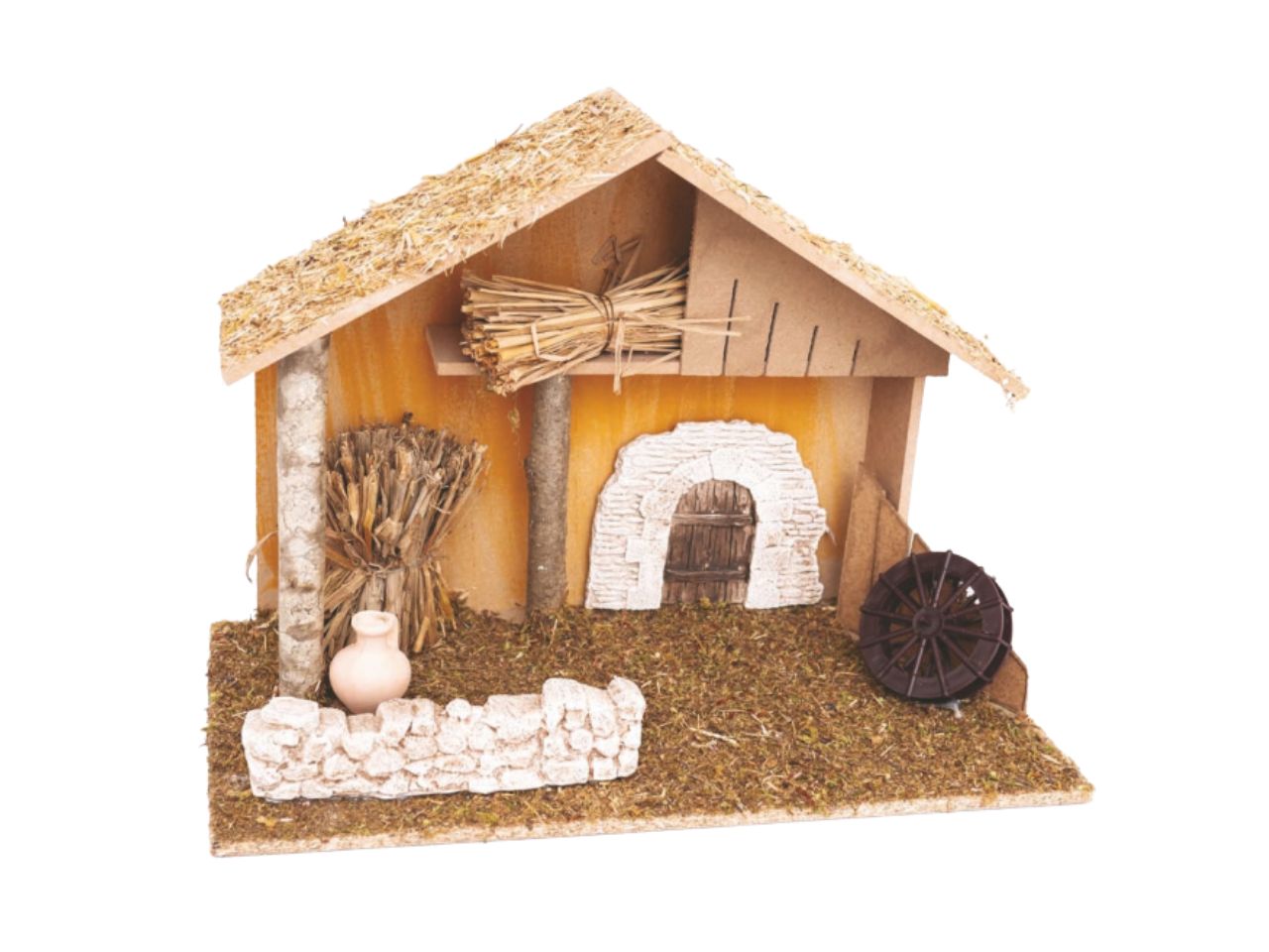 Capanna per presepe nuda in legno con tetto in paglia e muretto in pietra 44x23x32hcm