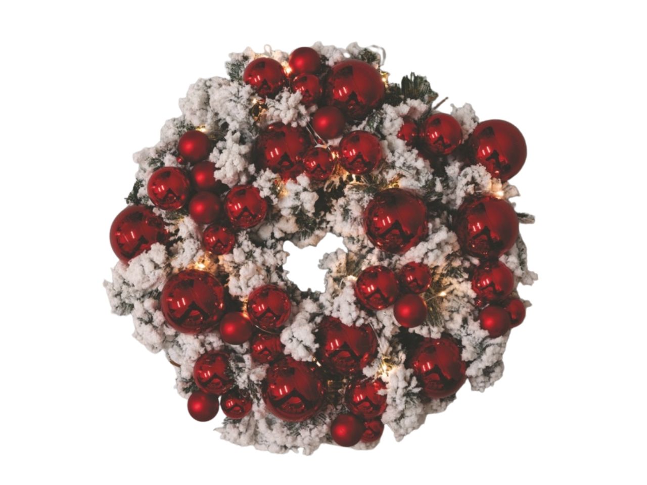 Corona natalizia pvc nevata rossa con sfere rosse 40cm e 20 led rame 2xcr2032