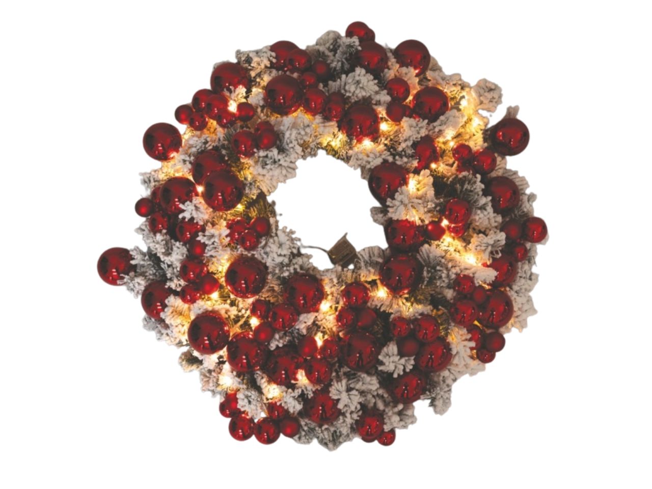 Corona natalizia pvc nevata rossa con sfere rosse 60cm e 50 led rame 2xaa