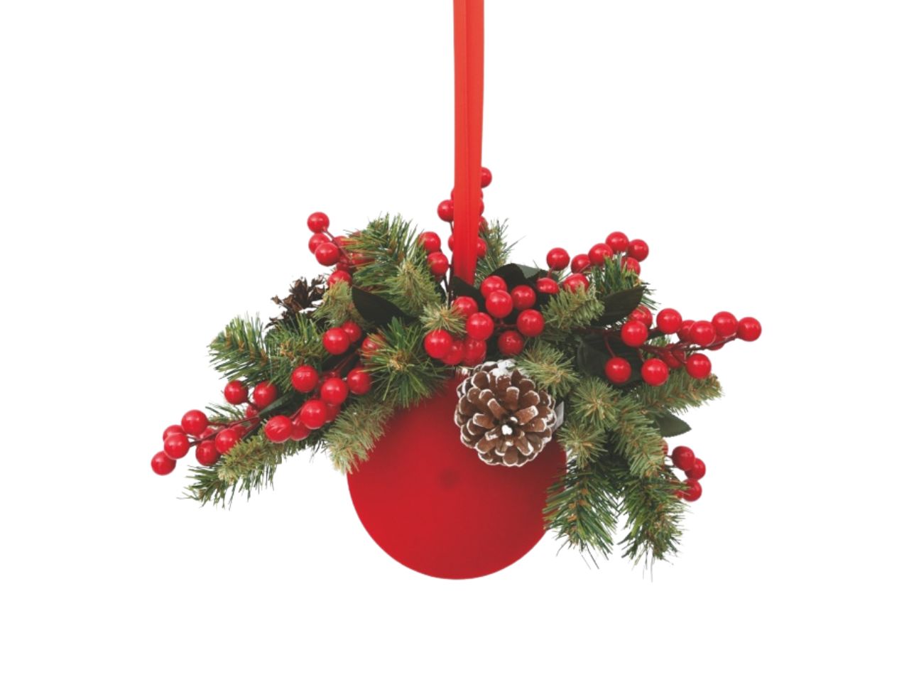 Palla natalizia in velluto 15cm rossa decoro bacche e pigne