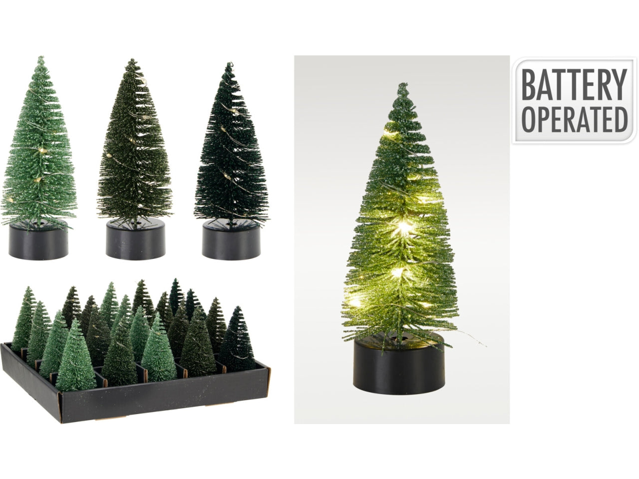 Albero natalizio 10cm con led verde, 3 colori assortiti