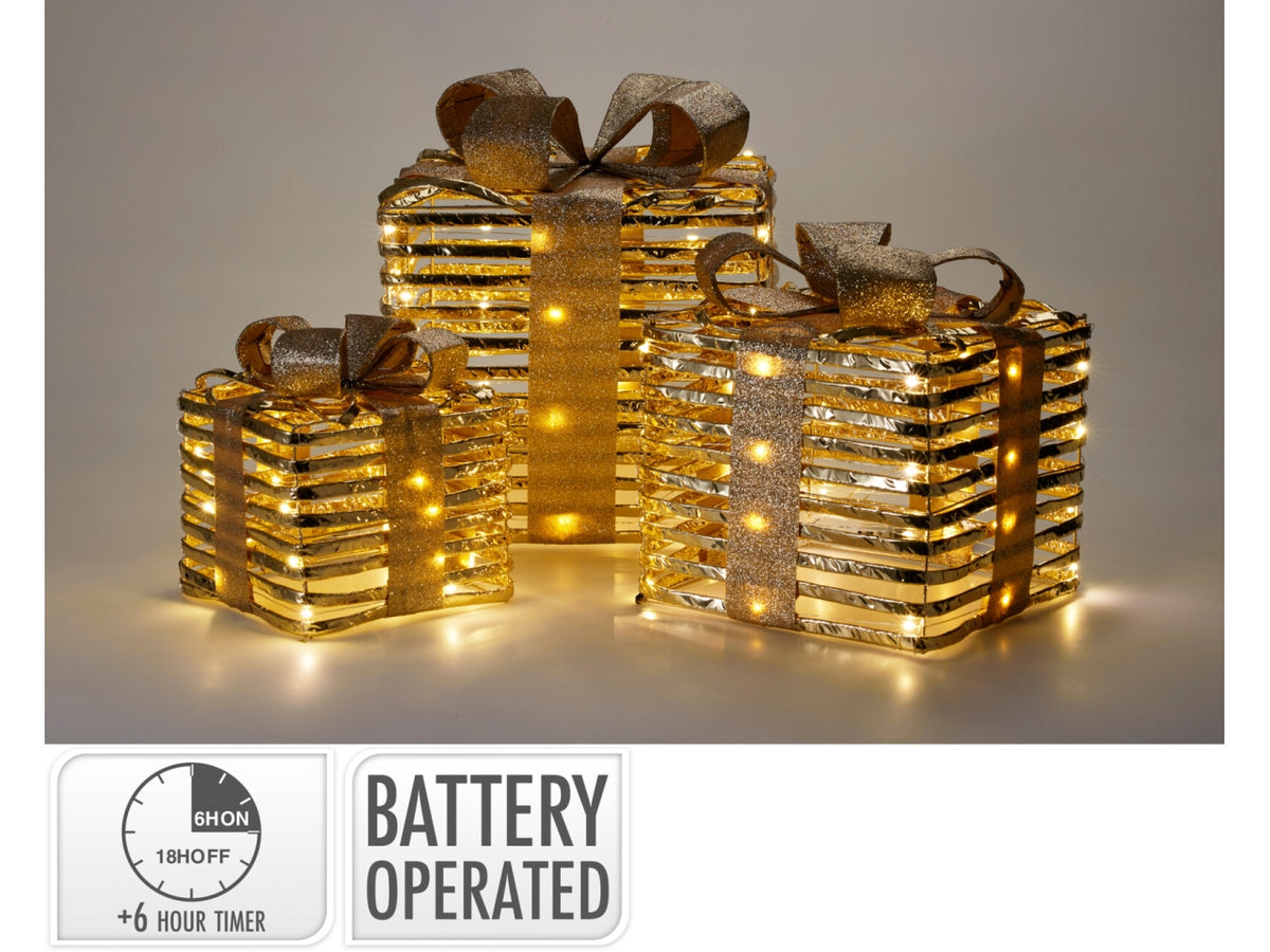 Scatole regalo natalizie set 3 pezzi con led oro