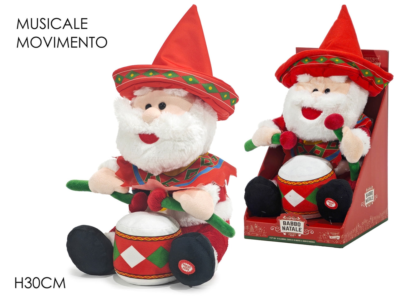 Babbo natale peluche 30cm con tamburo luci, movimento e musica a batteria