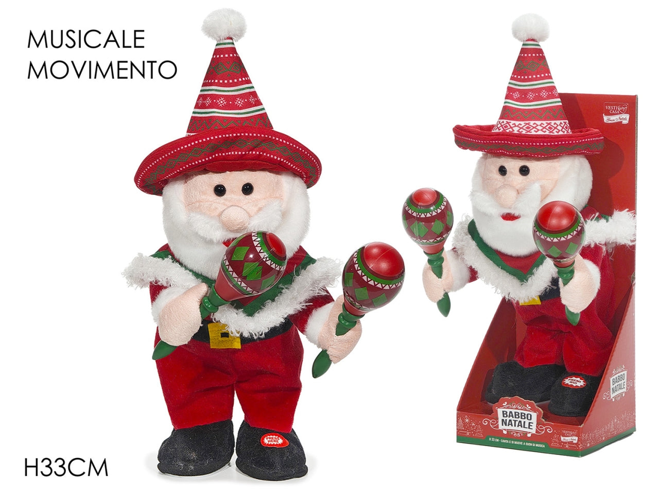 Babbo natale peluche 33cm con maracas movimento e musica a batteria