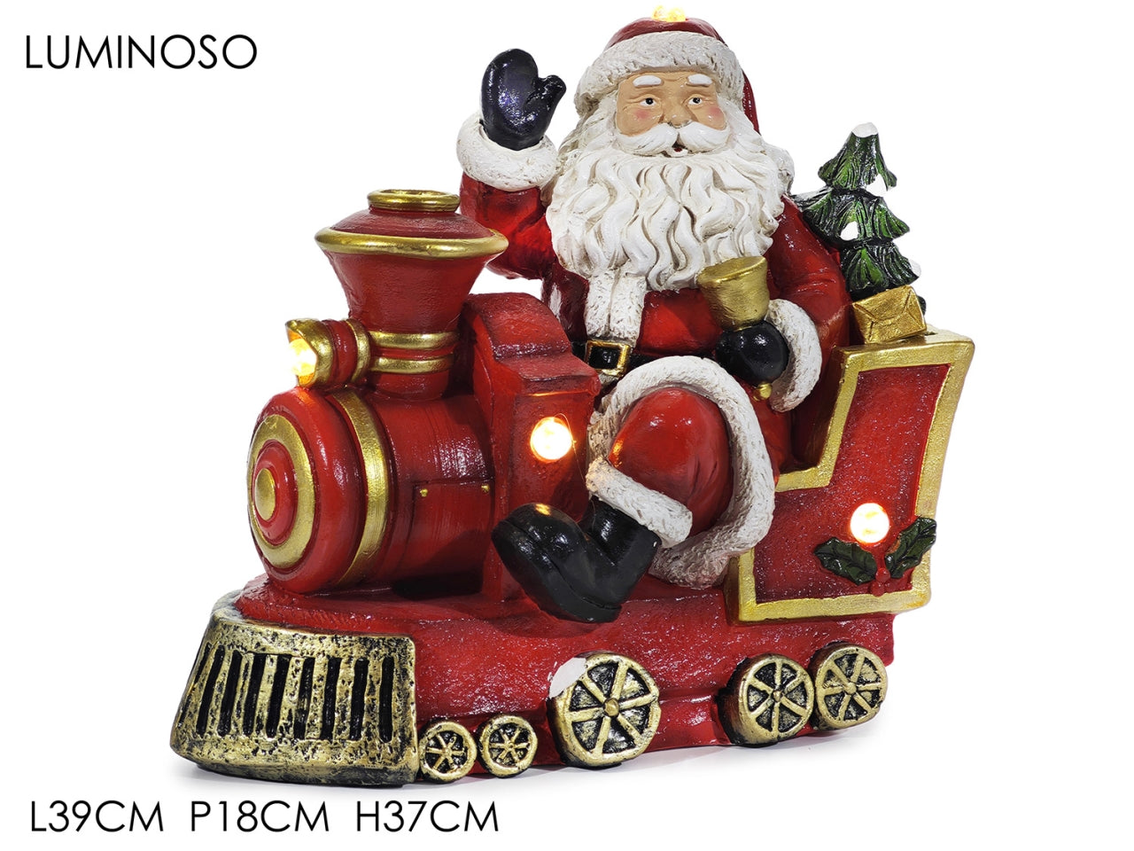 Babbo natale con treno 39x18xh.37cm in magnesia e luminoso a batteria