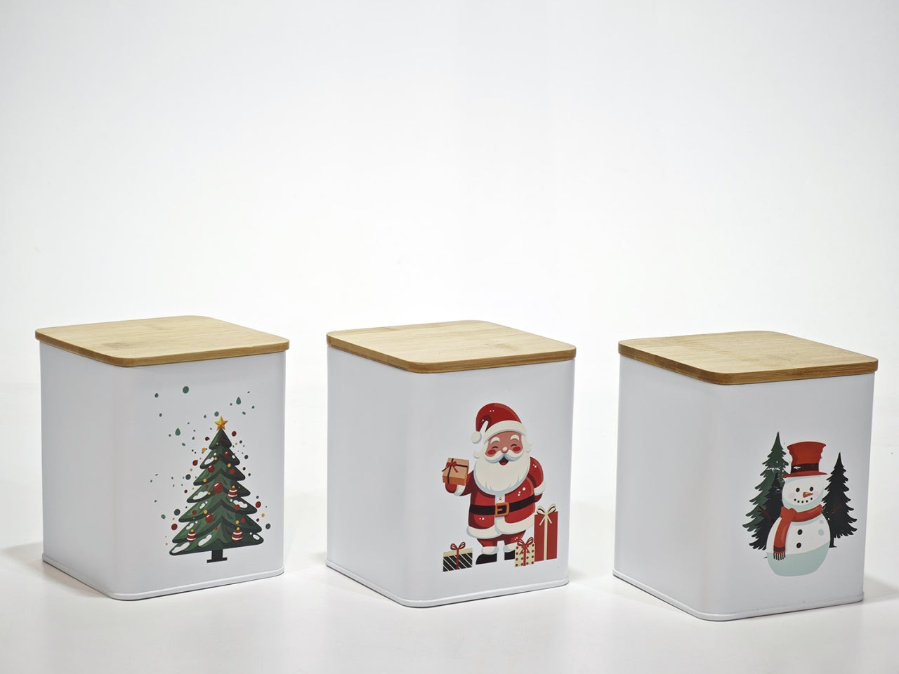 Barattolo natalizio in latta 140cl h.14cm con coperchio in legno, 3 assortimenti
