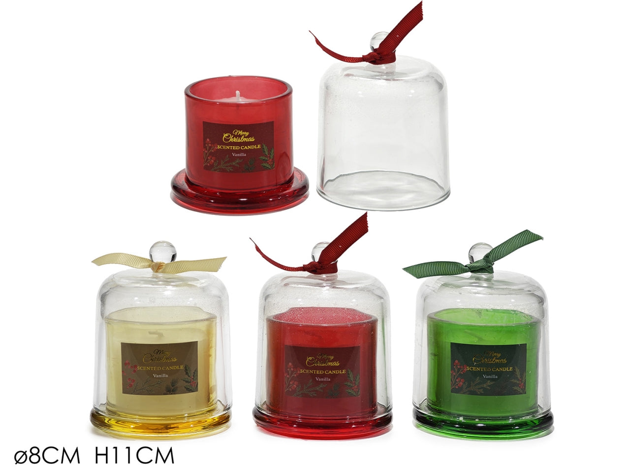 Candela profumata con campana in vetro 8xh.11cm, 3 colori e profumazioni assortite