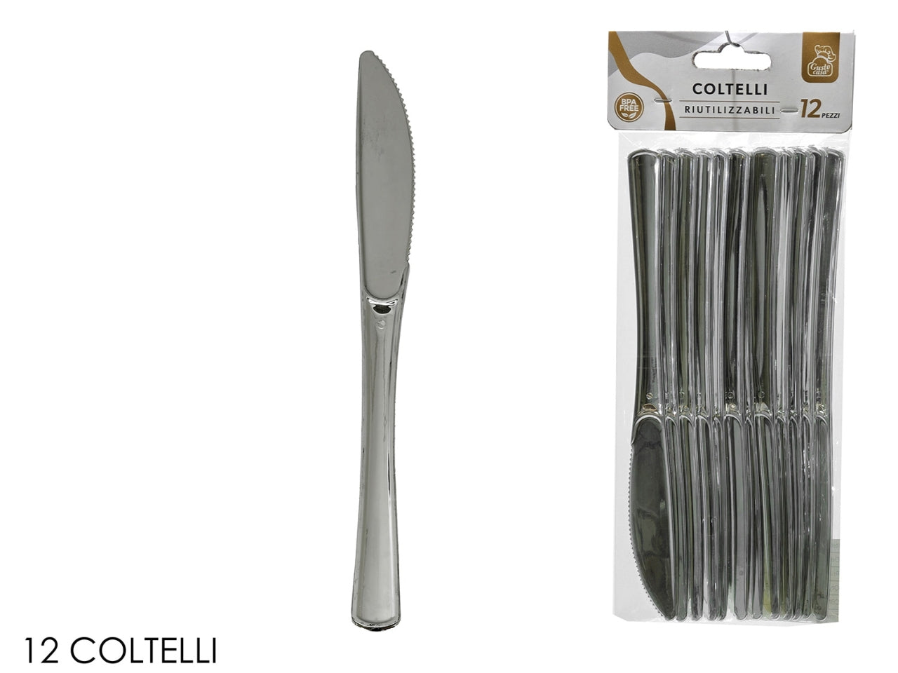 Coltelli in plastica, confezione da 12 pezzi silver
