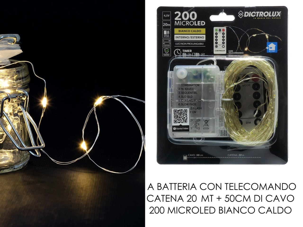 Filo metallico con 200 mini led bianco caldo da 20mt a batteria con telecomando