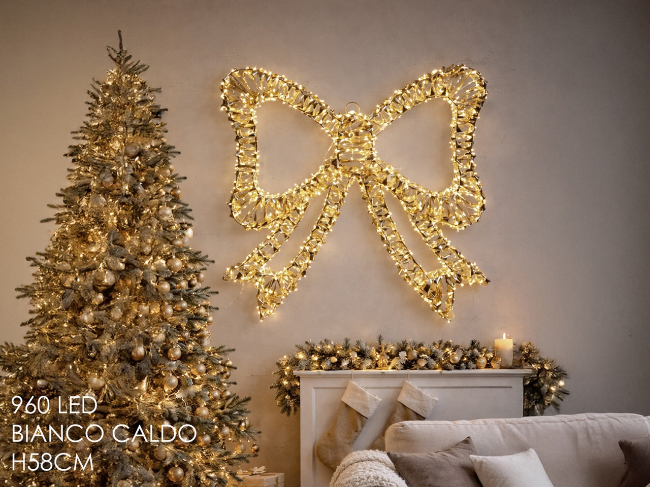 Fiocco luminoso 58cm in metallo con 960 mini led bianco caldo