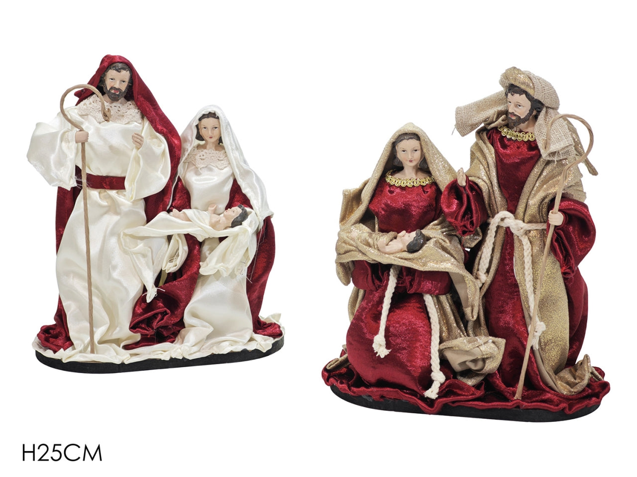 Set nativita' h25cm in poliresina e tessuto rosso, 2 assortimenti
