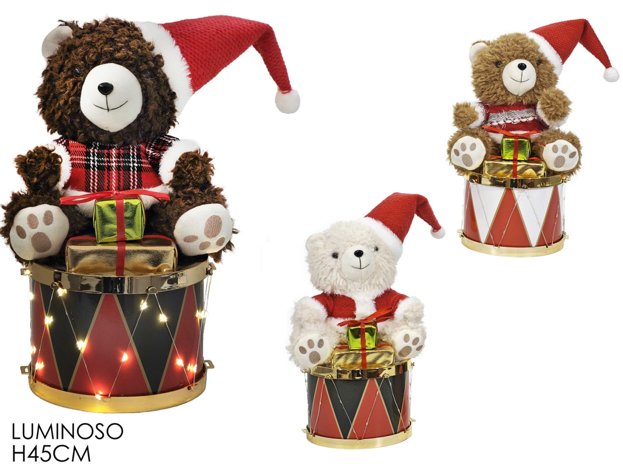 Orso 45cm in poliestere con tamburo luminoso a batteia in 3 assortimenti